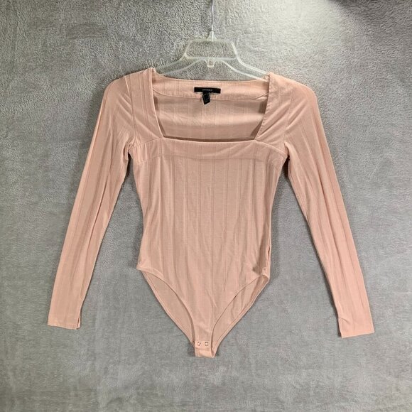 Forever 21 Bodysuit Women's Medium Pink Long Sleeve Ribbed Knit Square Neck - Picture 1 of 7